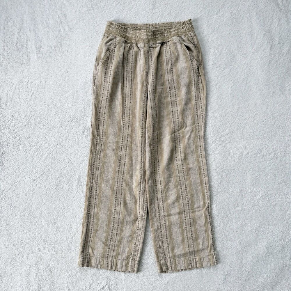 Briggs Women's Linen Blend Pants Small Beige Striped Casual Bohemian Wide Leg